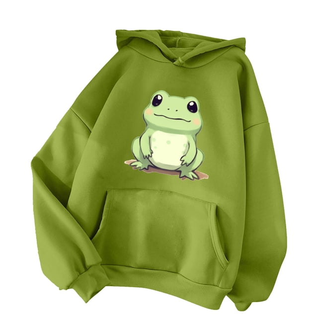 GPOECD Women's Casual Solid Color Hoodie Winter Warm Sweatshirt with Drawstring Pocket Cute Printed Pullover Green,M