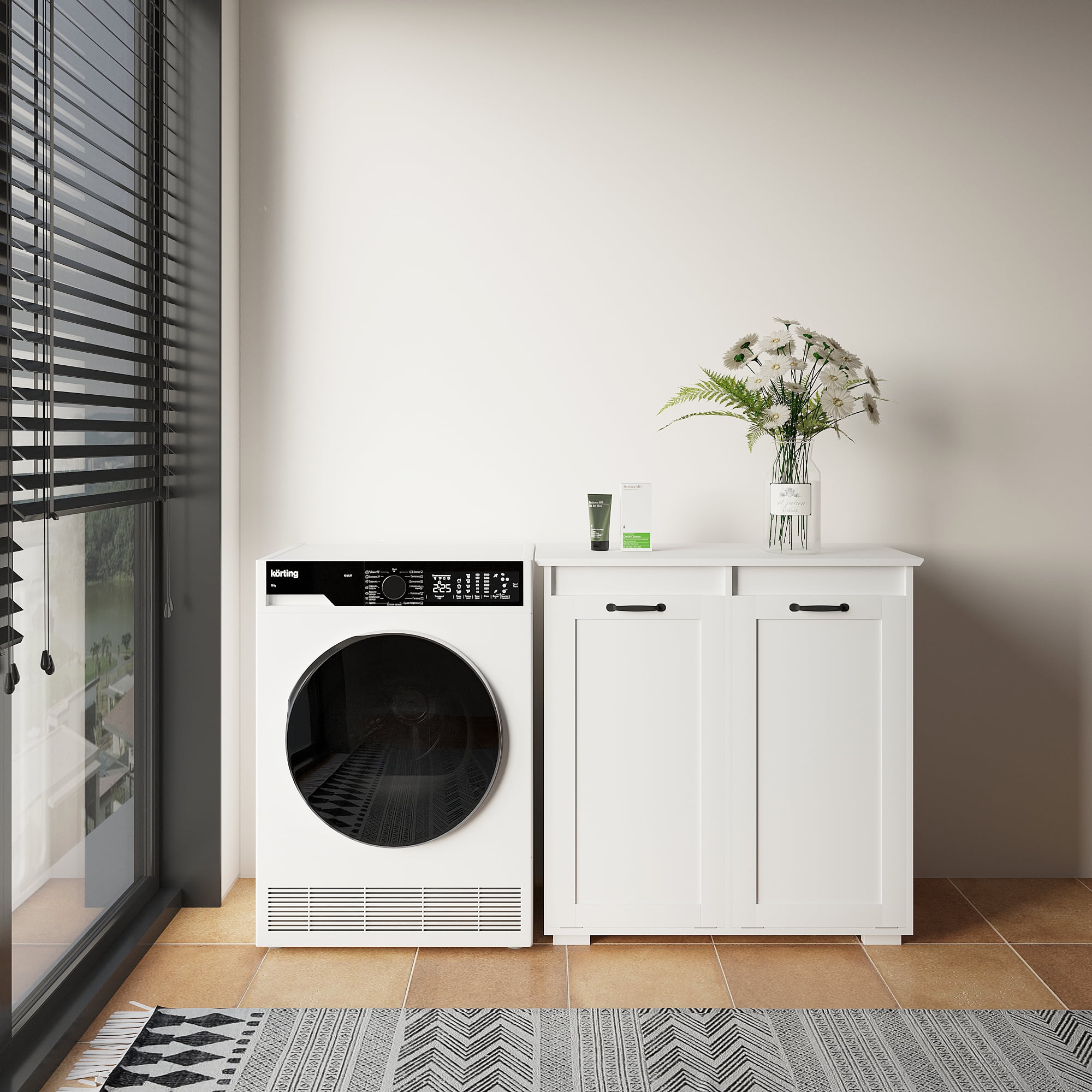 Laundry Room Cabinet with 2 Storage Basket,White Hidden Tilt Out Laundry Hamper Cabinet for Laundry Room Bathroom