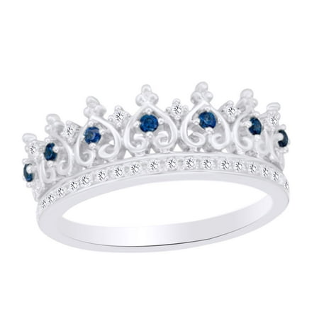 - Round Shape Simulated Blue Sapphire With 0.06 Cttw White Diamond Heart Crown Ring In 14K White Gold Over Sterling Silver