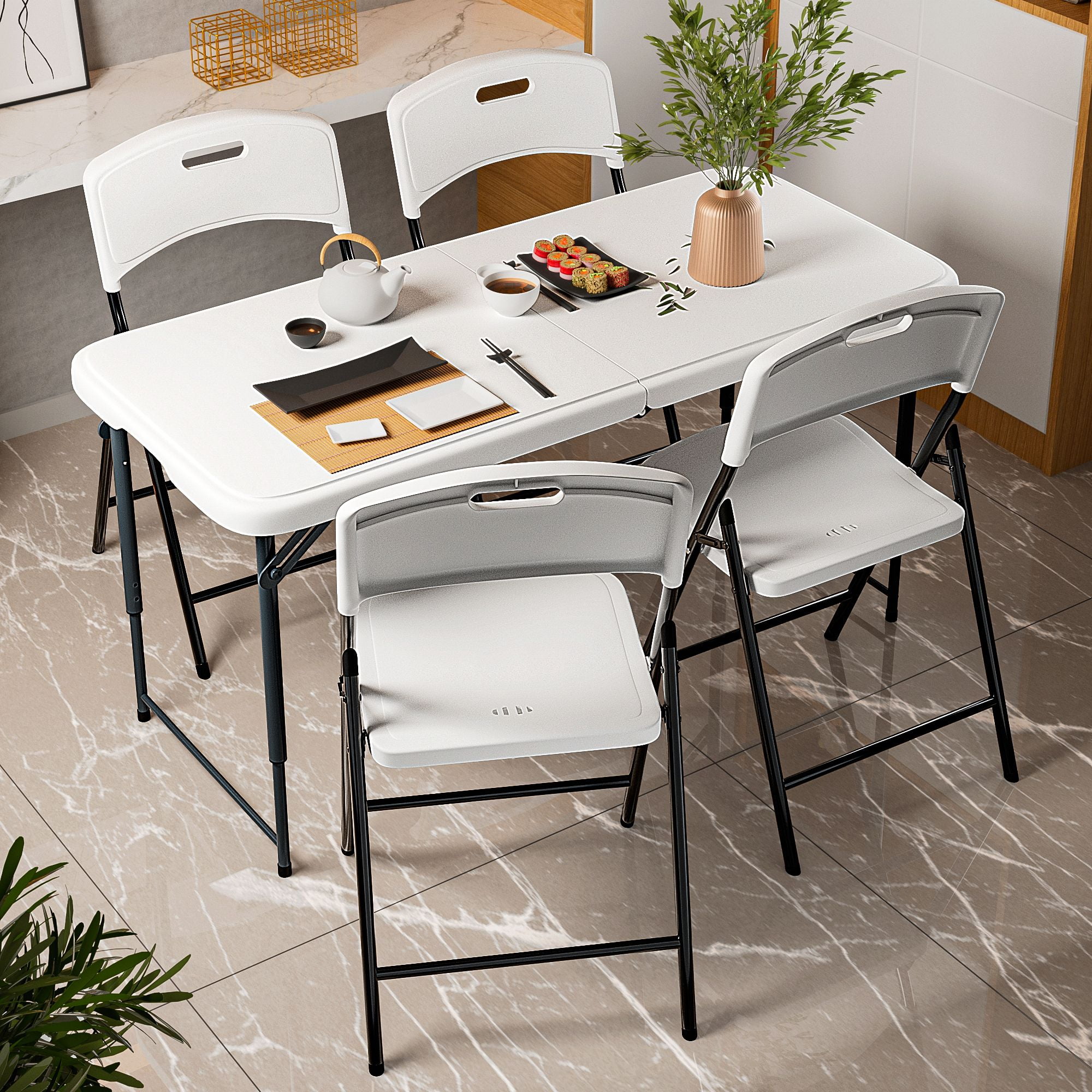 Demi Bonn 4ft Plastic Folding Table with Height Adjustable, Multipurposedoor Outdoor Duty Portable Rectangle Table with Handle, Lock for Picnic, Party, Camping, White