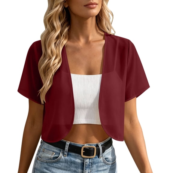 WRFWUL Womens Chiffon Open Front Cropped Cardigans Shrug Short Sleeve Bolero Jacket Sheer Lightweight Summer Cover Up