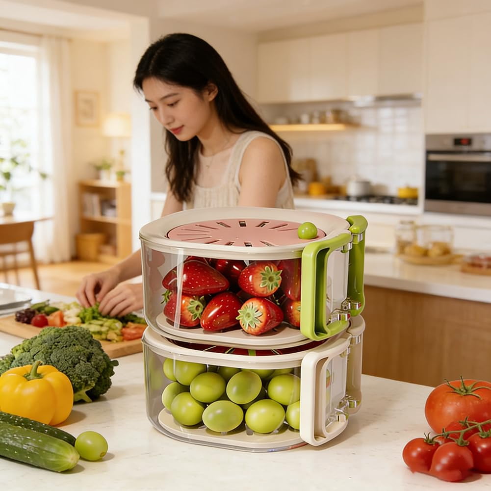 Fruit Storage Containers for Fridge with Colander, 2-in-1 Fruit Washing Bowl with Handle, Stackable Produce Saver for Kitchen Counter
