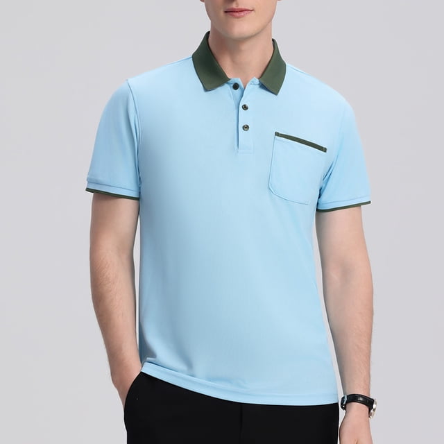 Blusa y camisa de manga corta con cuello vuelto para hombre, color liso, informal, con bolsillos y botones, blusa de manga corta con cuello vuelto, blusa de poliéster para hombre
