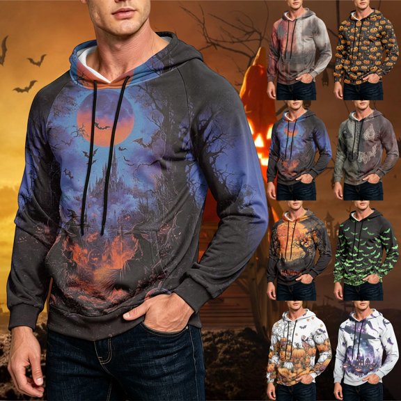 GrmtClth Sweatshirt Mens Halloween Scary Pumpkin Bat Ghost Witch Full Print Lightweight Casual Hooded Outfit Blue S