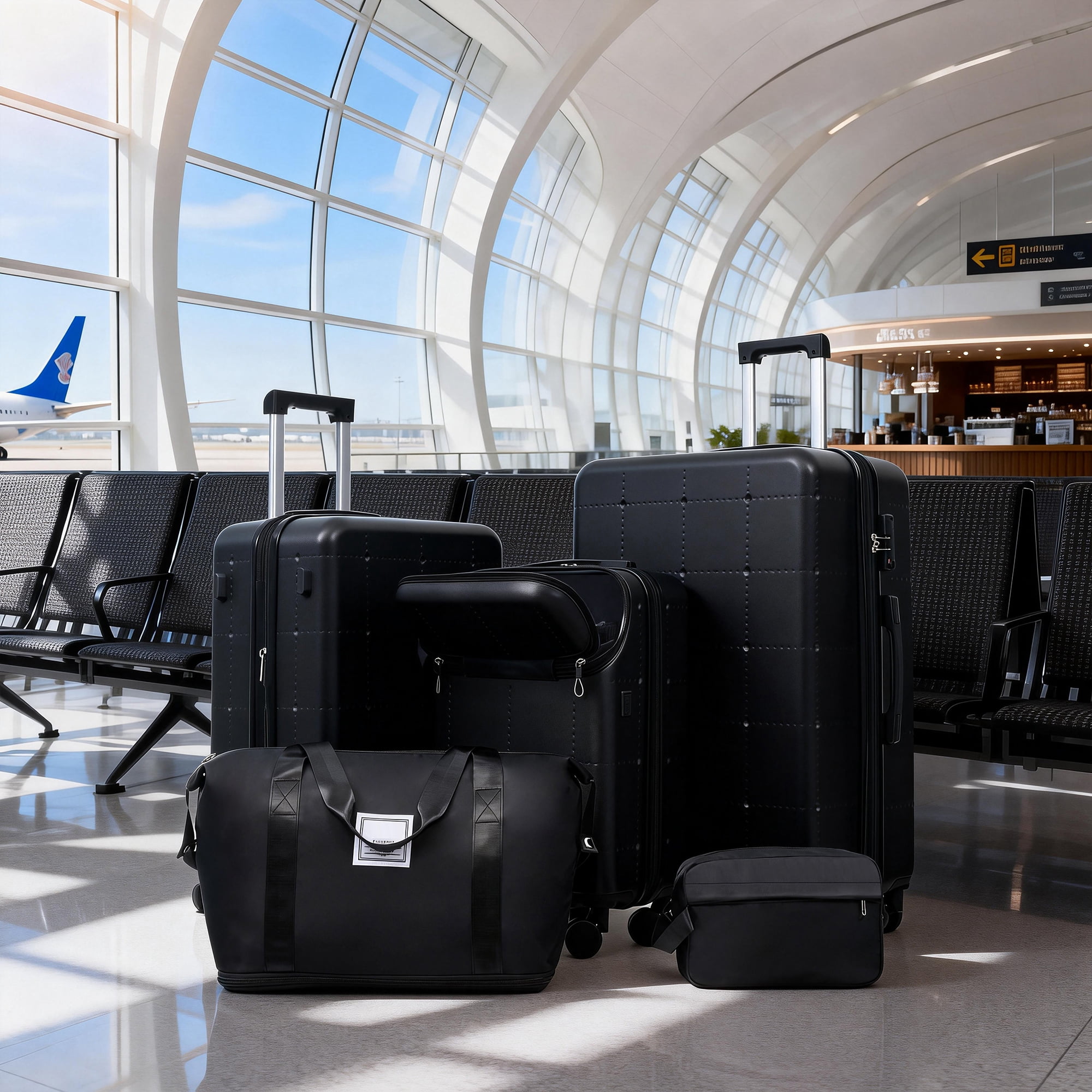 Euroco Luggage Sets 5 Piece, ABS Hardside Expandable Suitcase Set with TSA Lock Spinner Wheels and 2 Bags,20" Half-opening Carry on Luggage with USB Port for Travel,Black(20"/24"/28")