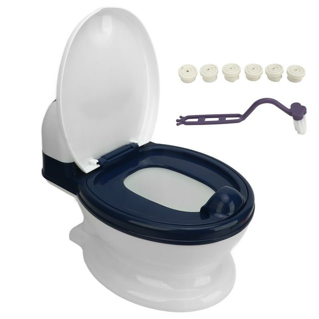 Inodoro de entrenamiento para bebés, inodoro realista para niños pequeños, inodoro multifuncional extraíble con cepillo de limpieza, azul y blanco