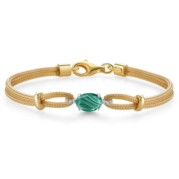 Gem Stone King 925 Two Tone Sterling Silver Green Malachite and White Lab Grown Diamond Bracelet for Women (2.04 Cttw, Gemstone, Oval 8X6MM, 6.5/7/7.5 inches, Made in Italy)