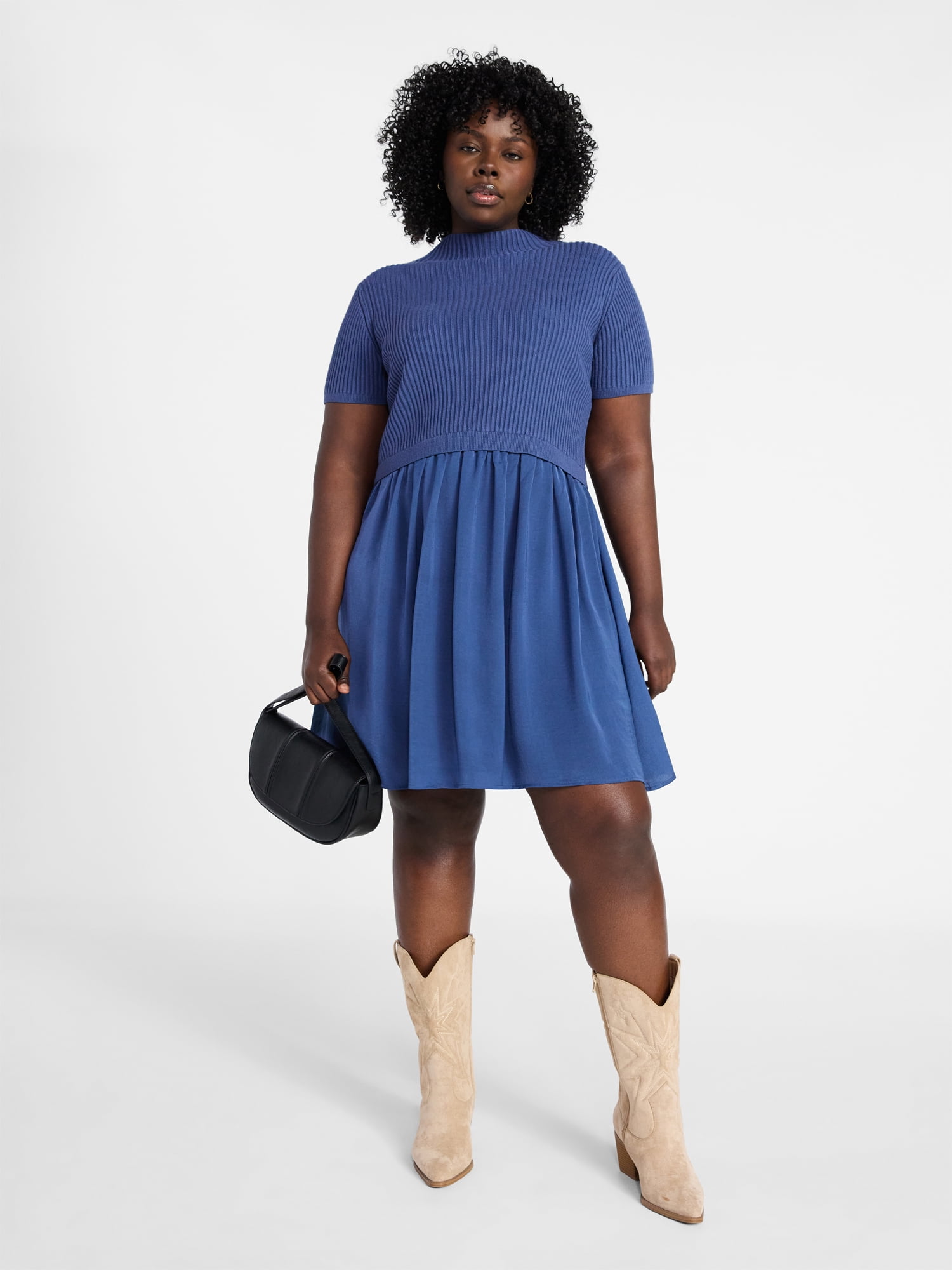 Terra & Sky Women's Plus Short Sleeve Mini Mixed Media Dress, Sizes 0X-5X