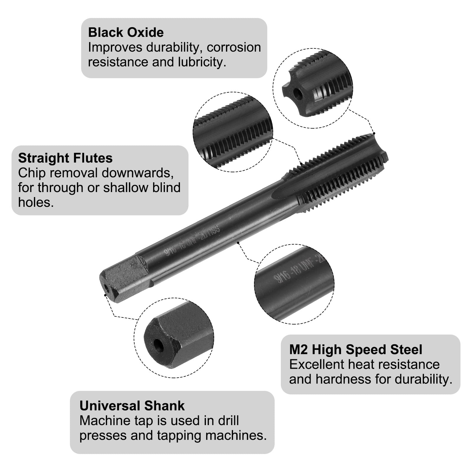Uxcell Tap and Drill Bit Set, 9/16-18UNF Straight Flute Tap & 13mm Drill Bit Black Oxide