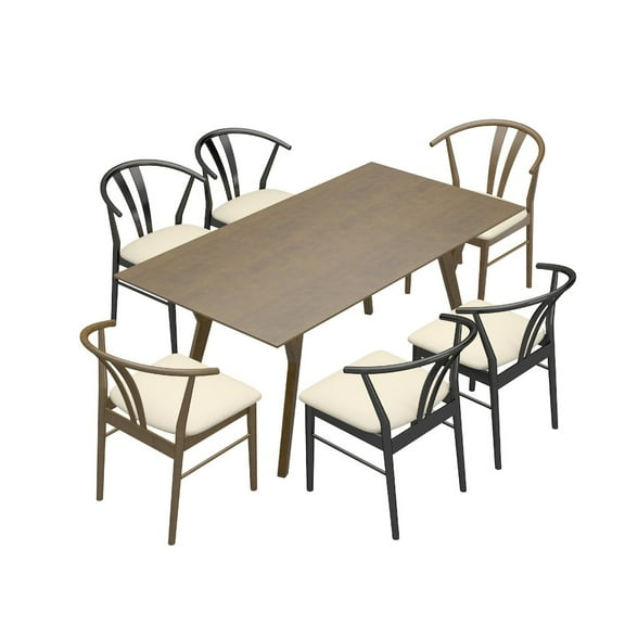 Roundhill Furniture Lavin Modern 7-Piece Dining Set, Wood Dining Table with 6 Wishbone Chairs
