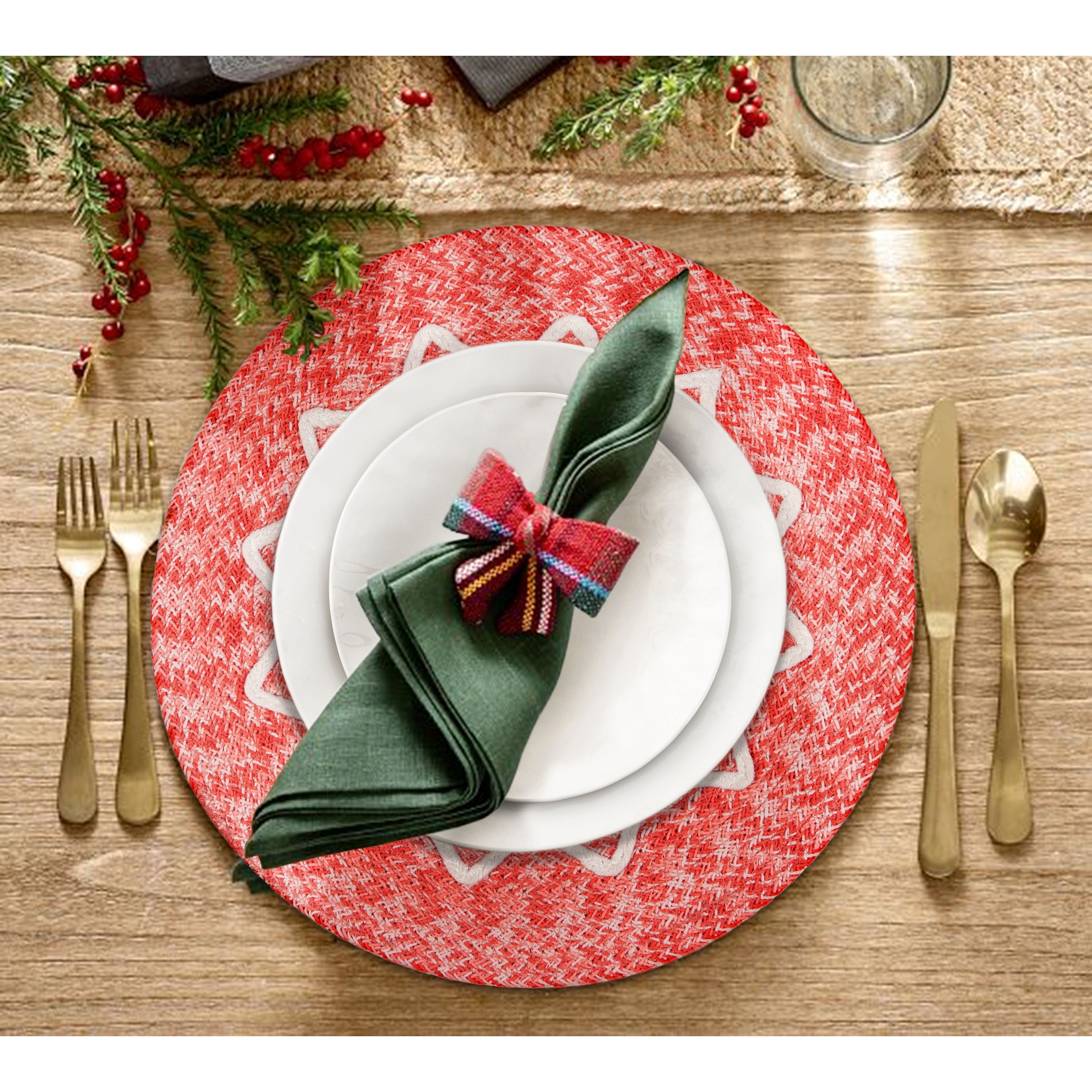Holiday Braided Ribbon Round 4-pack Table Placemat Set - 15" Diameter - 100% Jute, Red & White