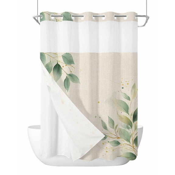 No Hook Cloth Fabric Shower Curtain with Snap in Liner, Spring Green Leaves Waterproof Shower Curtains Set with See Through Top Window, Branch Vintage Country Botanical Bath Curtains Shower 48"x72"