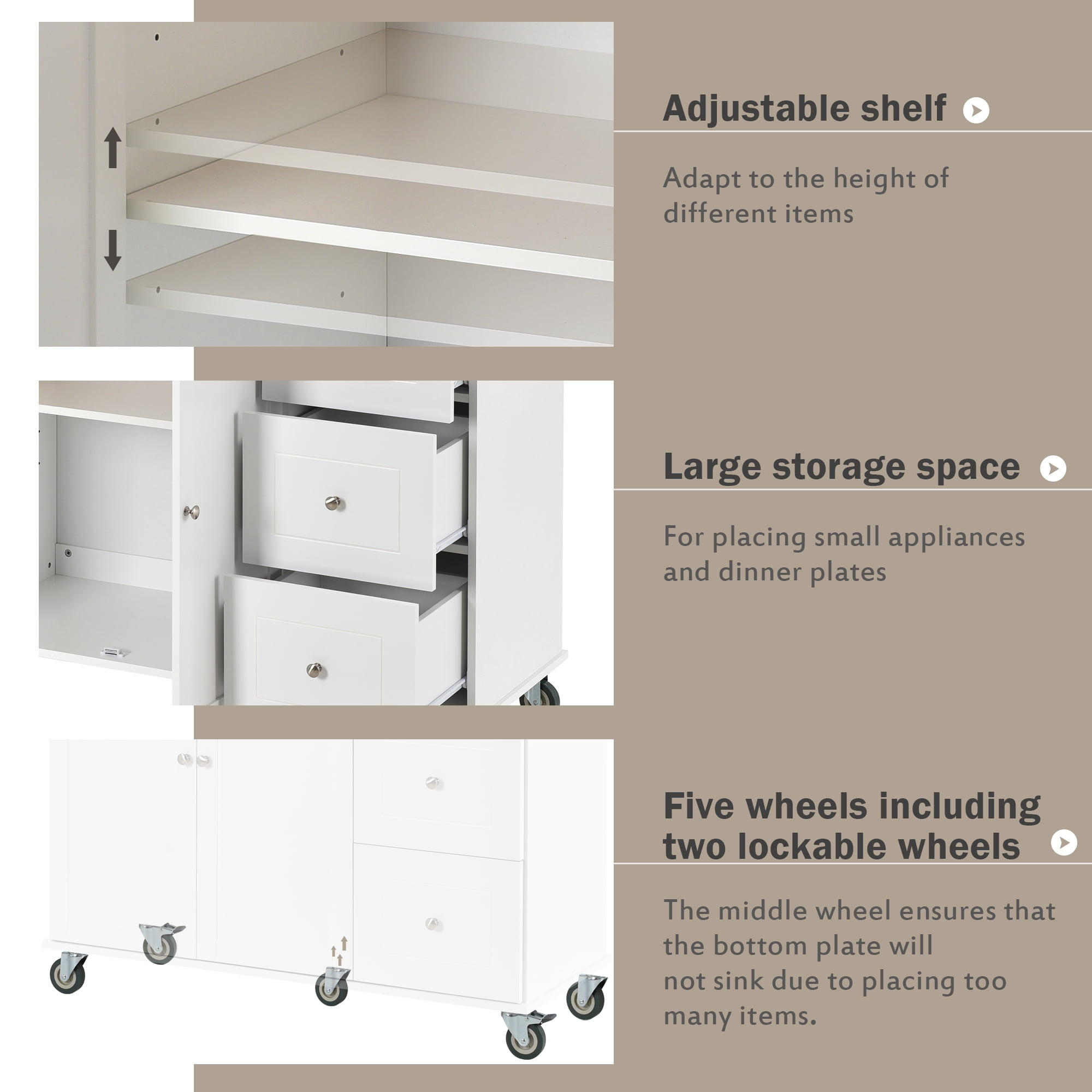 Homy Casa 52.7" Rolling Kitchen Island with Solid Wood Top, Storage Cabinet, Drawers & Drop Leaf, White