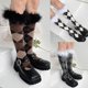 thumbnail image 2 of Calcetines hasta la rodilla YONGSHENG con adorno de plumas peludas para mujer estilo universitario Argyle, 2 of 5