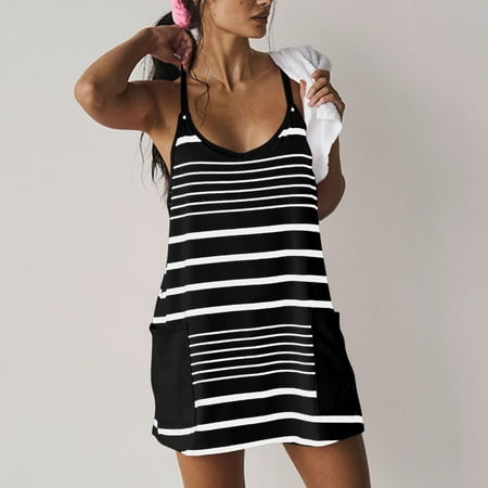 Pitauce Workout Set for Women Sleeveless Mini Sundress + Boxer Shorts Lounge Sets Stripes Printed 2 Piece Pajama Set with Pockets