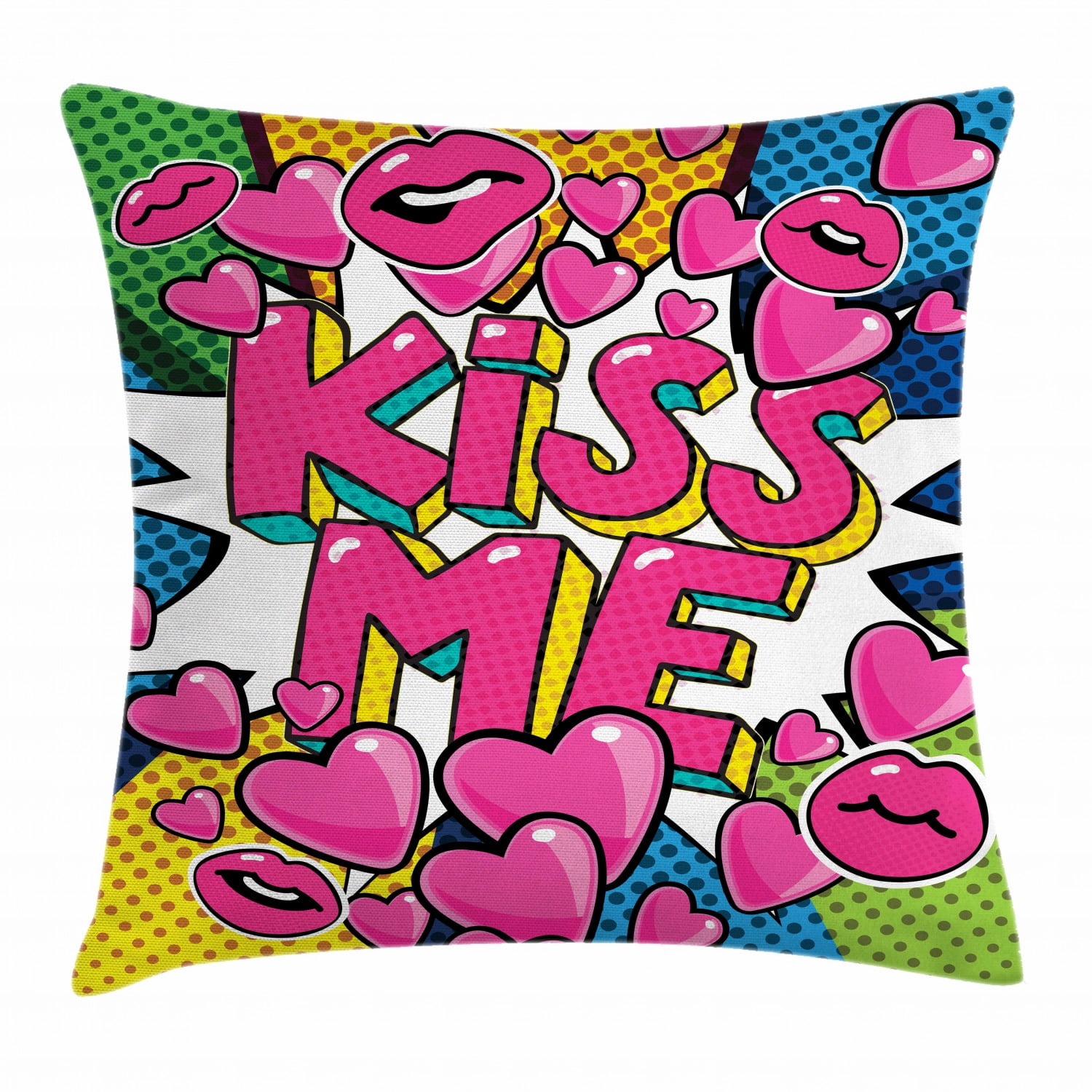 Kiss Me Throw Pillow Cushion Cover, Retro Hearts and Lipstick Comic