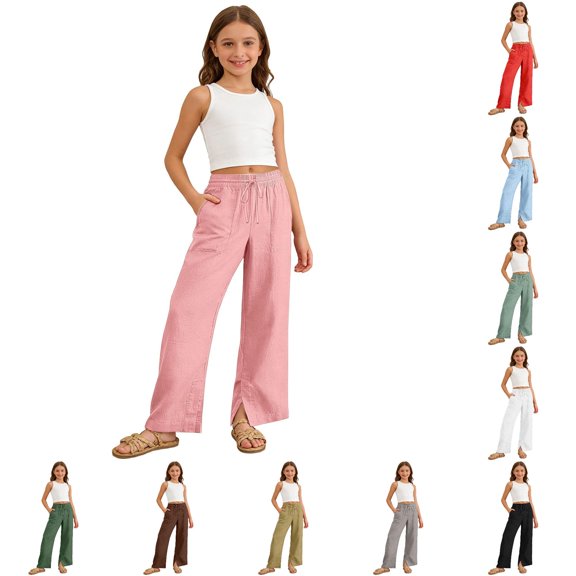 LIIPEE Summer Pants For Girls Casual Lightweight Drawstring Waist Baggy Wide Leg Solid Color Trousers Kids Breathable Comfortable Cute Daily Pants,14-15 Years