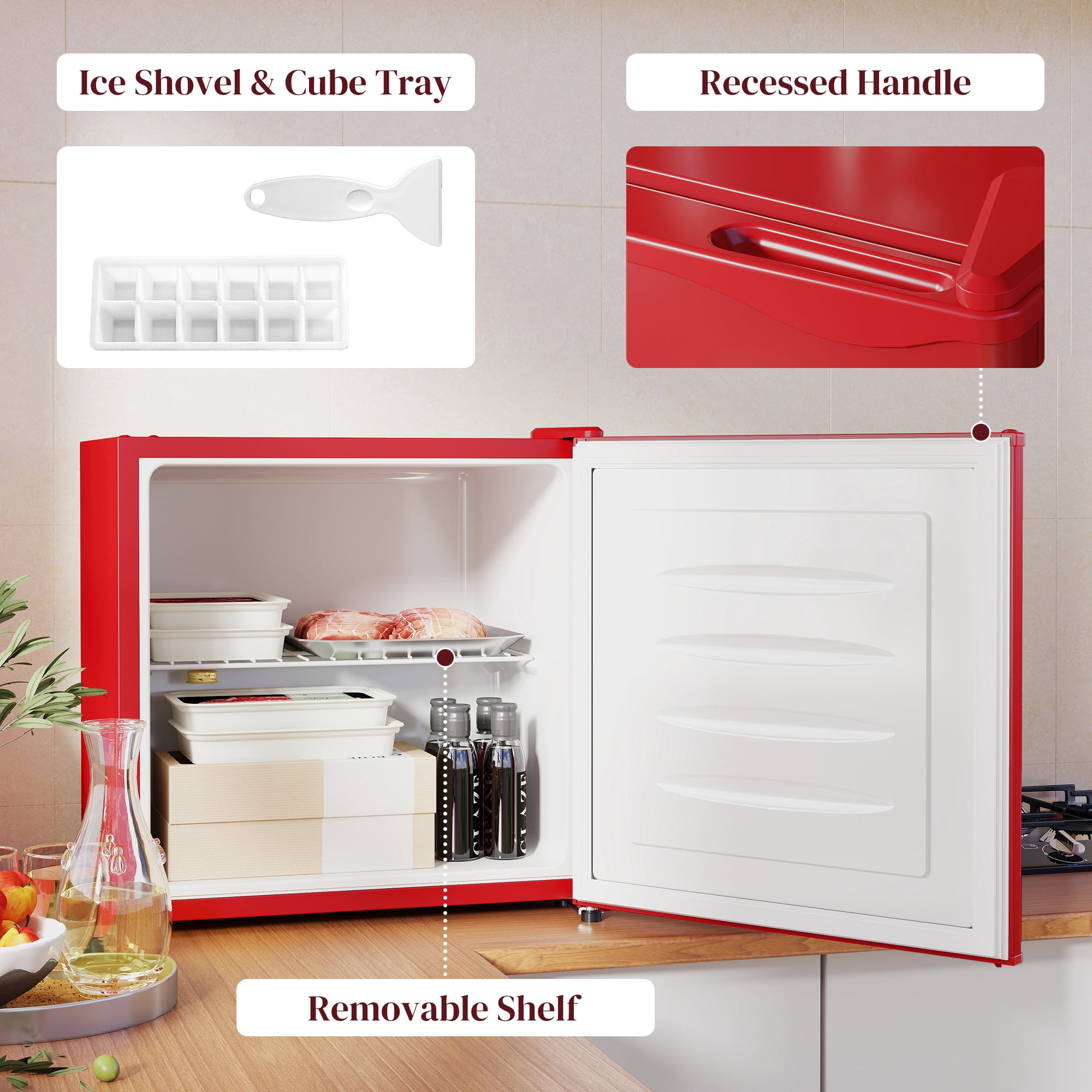 Homiyad 1.1 Cu.Ft Countertop Mini Freezer, Compact Upright Freezer with Removable Shelves, Red