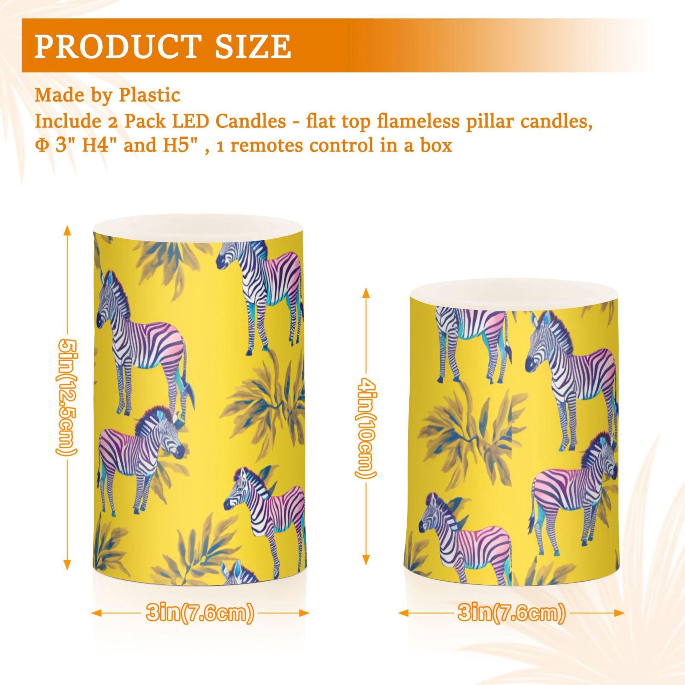 Zebra Print on Yellow Flickering Flameless Candles Battery Operated with Remote Timer LED Pillar Candles Set of 2