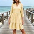 thumbnail image 5 of VBVC Women's Gingham V Neck 3/4 Sleeve Mini Dress , Ladies' Ruffle Bell Sleeve Casual A Line Dress , Summer Casual Tiered Plaid Dress For Women,Yellow,S-2XL, 5 of 6