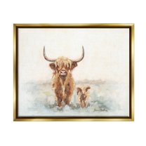 Stupell Highland Cattle & Baby Calf Rural Animals & Insects Painting Gold Floater Framed Art Print Wall Art