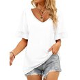 thumbnail image 1 of Camiseta de manga corta con cuello en V para mujer, color puro, suave, agradable a la piel, para citas y compras, 1 of 5