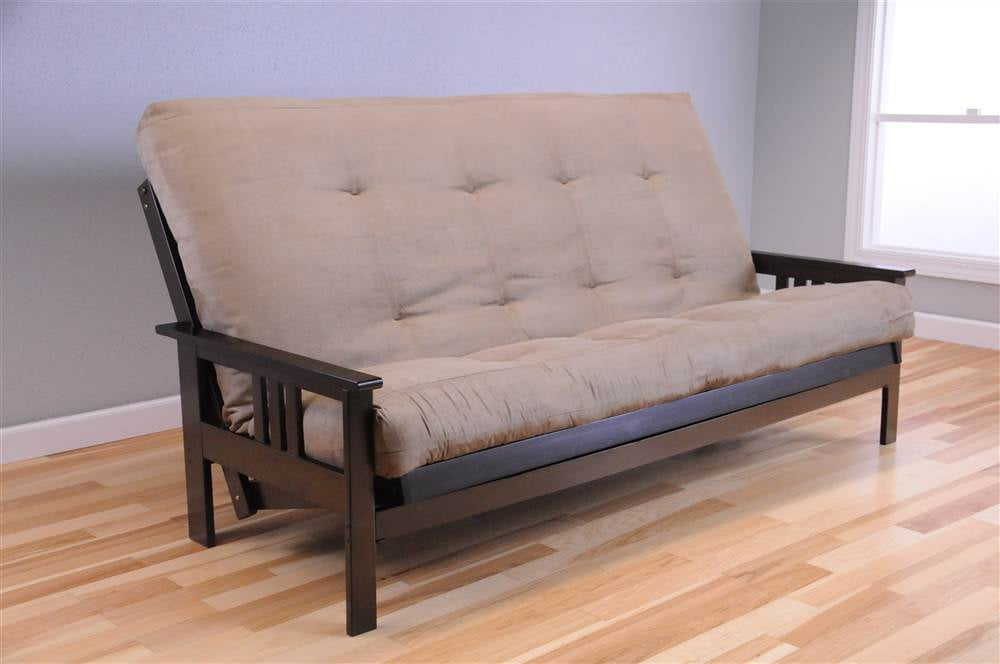 Queen Size Futon Frame and Mattress Set in Espresso and Peat