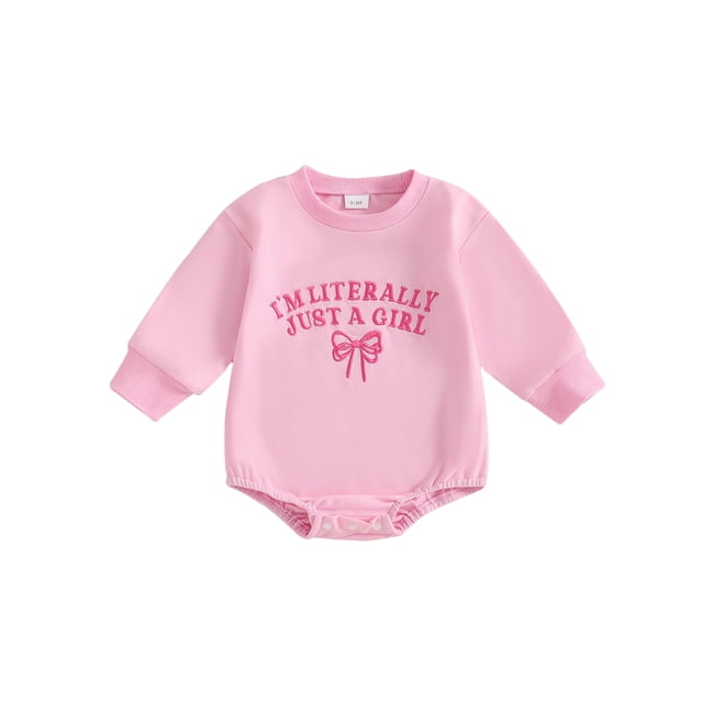 Monos de bebé niña con estampado de letras, lazo bordado, cuello redondo y manga larga, ideales para otoño.