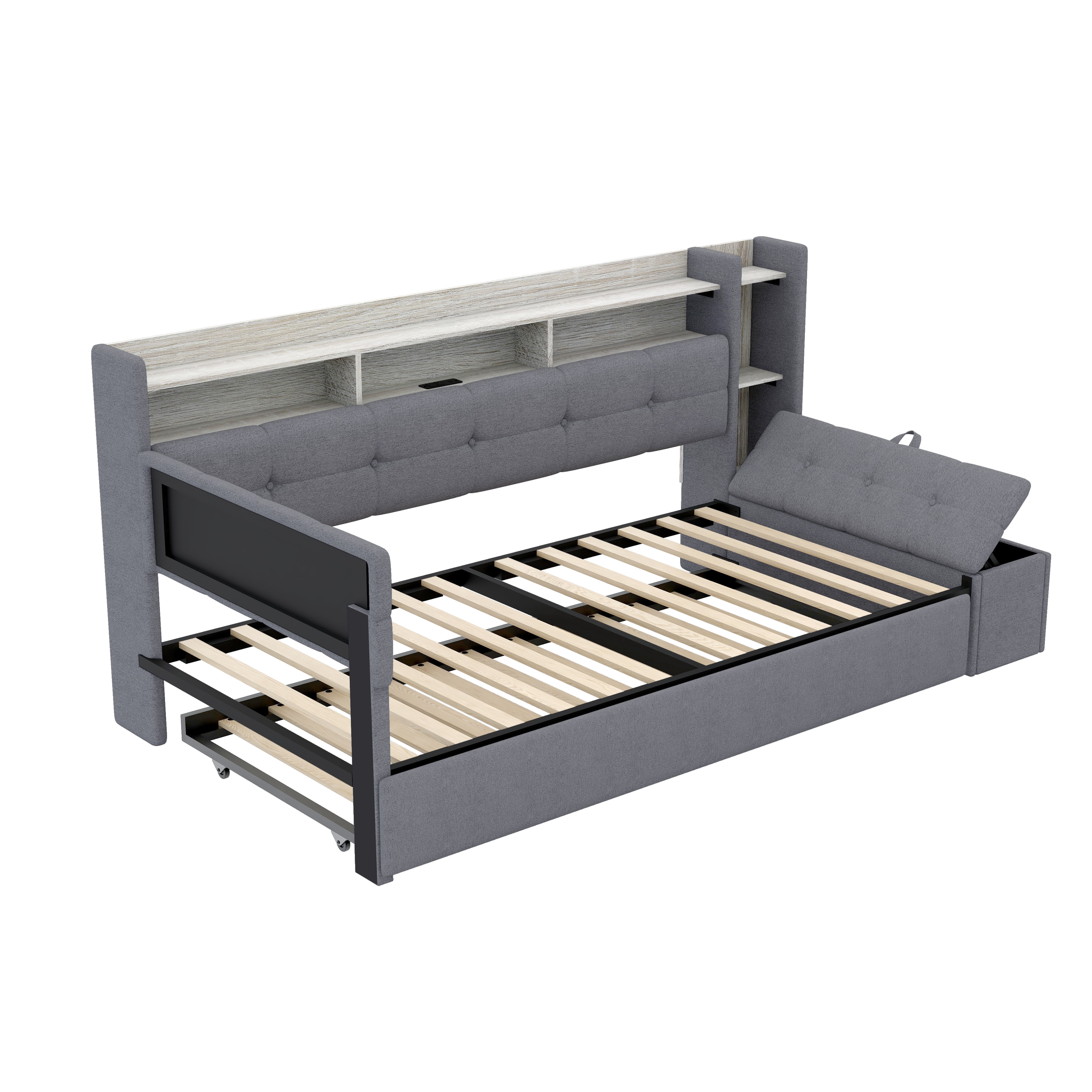 Euroco Upholstery Twin Size Daybed with Trundle, Storage Sofa Bed with Footstool and Shelves, LED Light and USB Charging, Grey