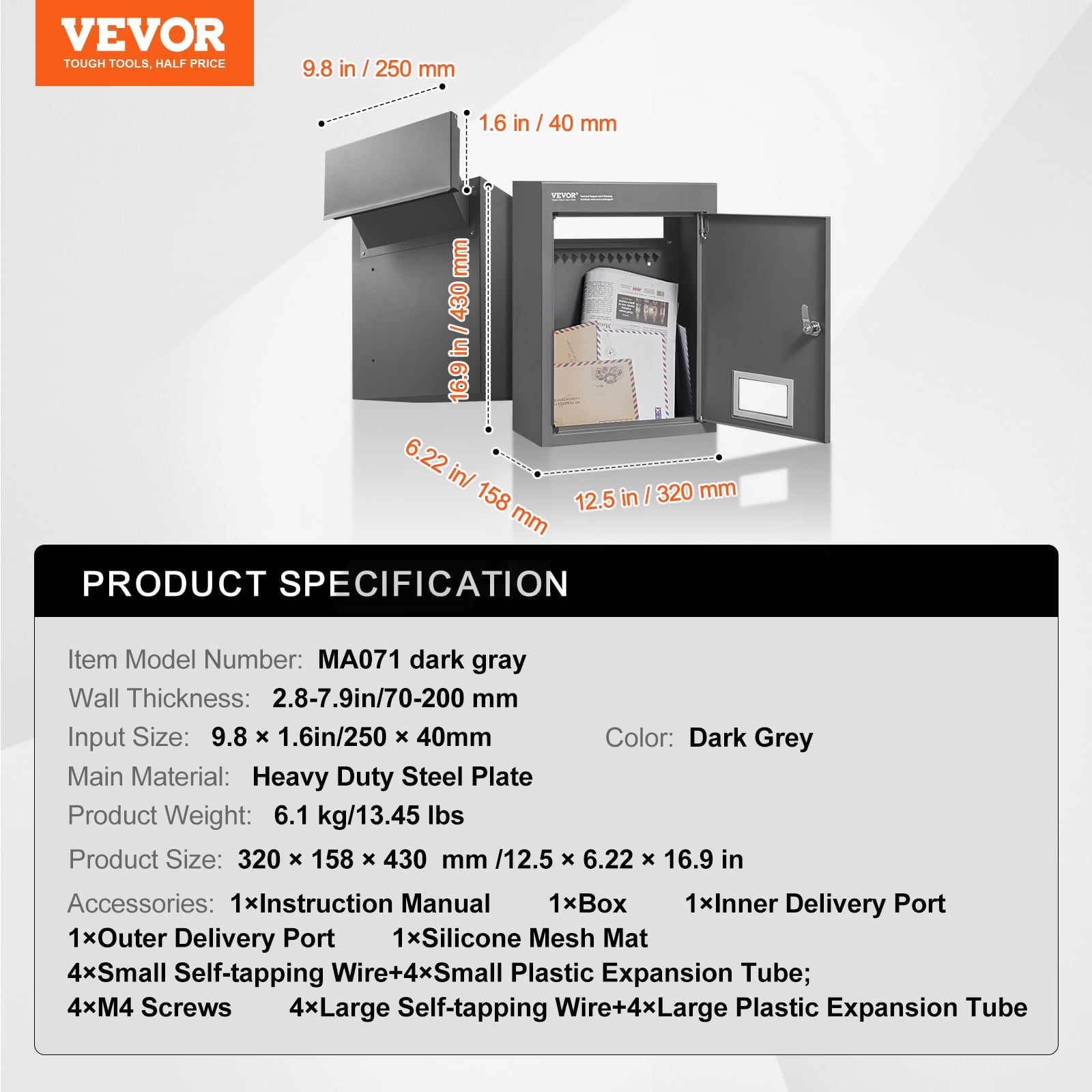 VEVOR Through The Wall Drop Box, Heavy Duty Steel Through The Wall Mailbox with 2.8-7.9" 13" Combination Lock, 12.5x6.3x16.9 Mail Drop Box, Dark Gray