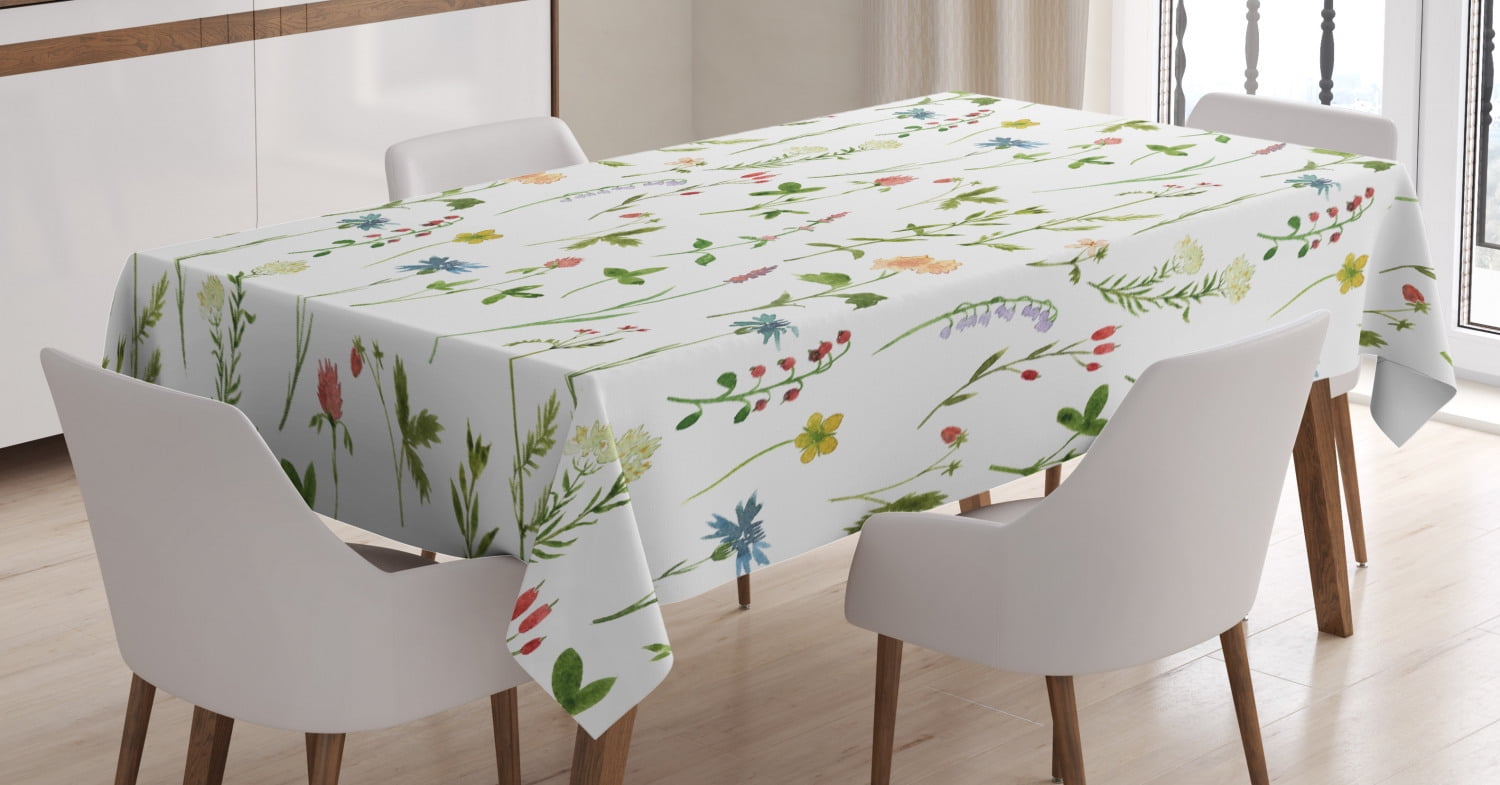 Floral Tablecloth, Spring Season Themed Watercolors Painting of Herbs