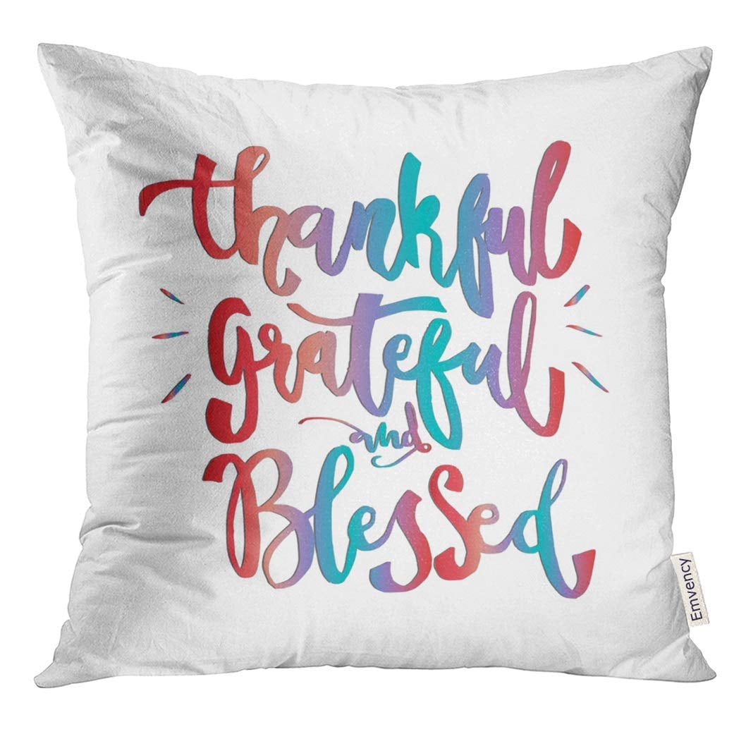 BSDHOME Thankful Grateful and Blessed on White Hand Lettering Modern Calligraphy Handwritten Inspirational Pillow Case 16x16 Inches Pillowcase