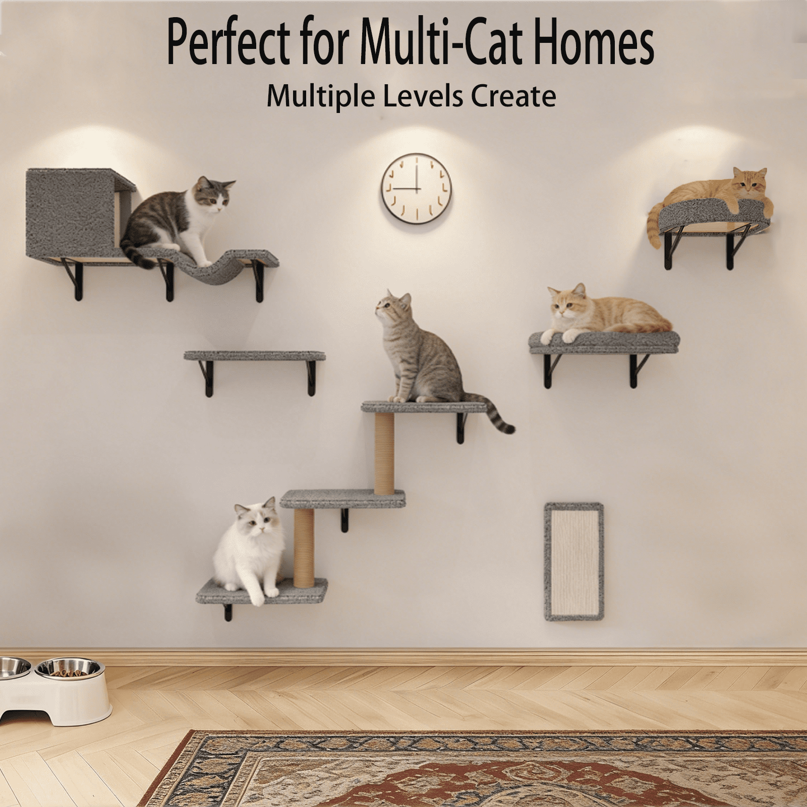 MIUZMORE Cat Wall Shelves, 10-Piece Complete Cat Wall Furniture System with Perches and Scratching Posts, Stable Floating Climbing Set for Large Indoor Cats, Space Saving Kitty Furniture