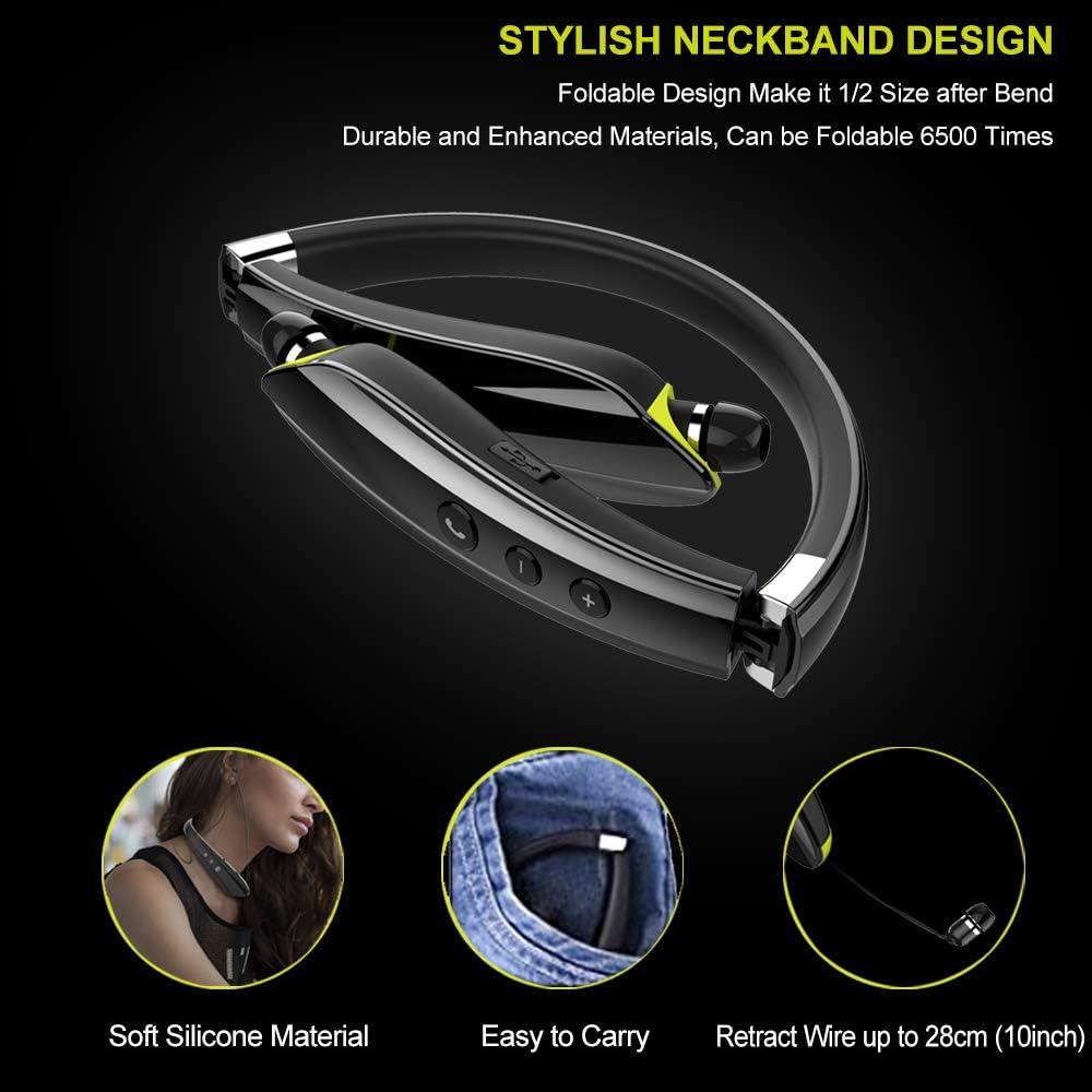 Bluetooth Headphones, Upgraded Foldable Wireless Neckband Headset with Retractable Earbuds, Noise Cancelling Stereo Earphones with Mic for Workout, Running, Driving (with Carry Case)