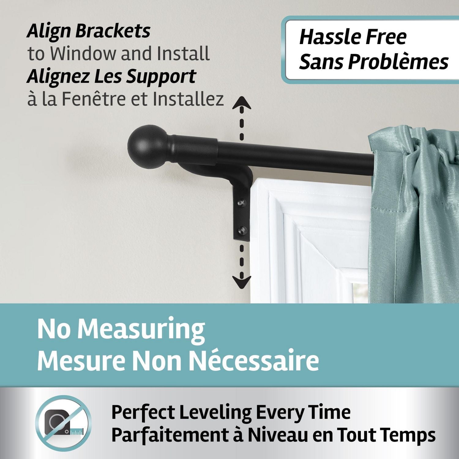 Smart Rods No Measuring Easy Install Adjustable Cafe Window Rod with Decorative Ball Finials, 18 to 48 Inch, Black, Easy to install window rod