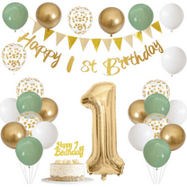 Sage Green White Gold 1th Baby Birthday Party Decorations Kit,Happy 1th Banner Triangle Flags Garlands Number 1 Balloons Cake Toppers for 1 Year Old Anniversary Baby Shower Party Backdrops Supplies