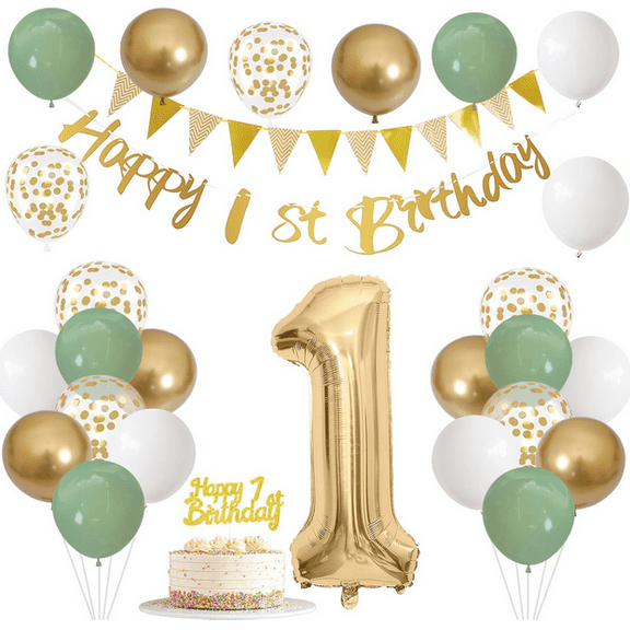 Sage Green White Gold 1th Baby Birthday Party Decorations Kit,Happy 1th Banner Triangle Flags Garlands Number 1 Balloons Cake Toppers for 1 Year Old Anniversary Baby Shower Party Backdrops Supplies
