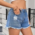 thumbnail image 4 of Jean Shorts for Women Summer Casual Frayed Ripped Ruffle Denim Shorts Button Mid Waist Classic Fit Shorts, 4 of 7