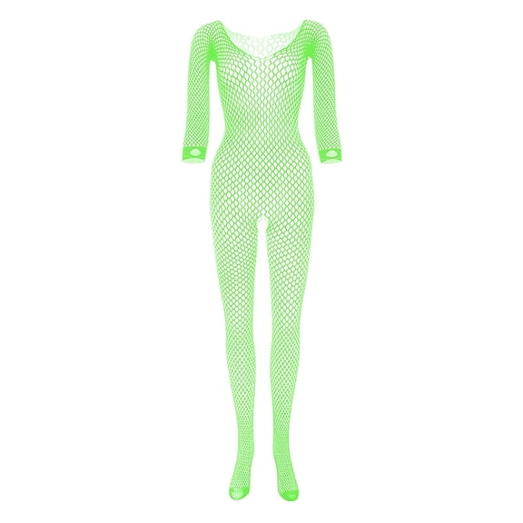 DAPRZIY Plus Size Fishnet Stockings Bodysuit Bodystocking Lingerie Women Long Sleeve One Piece Mesh Jumpsuit Nightwear Stockings Teddy Underwear Green One Size