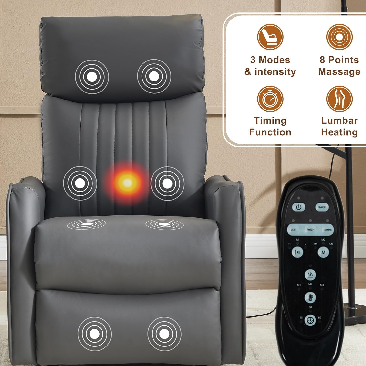 AENKYO Swivel Recliner Chair, Manual Rocking Massage Chair with Heat for Adults, for Living Room,Gray Faux Leather