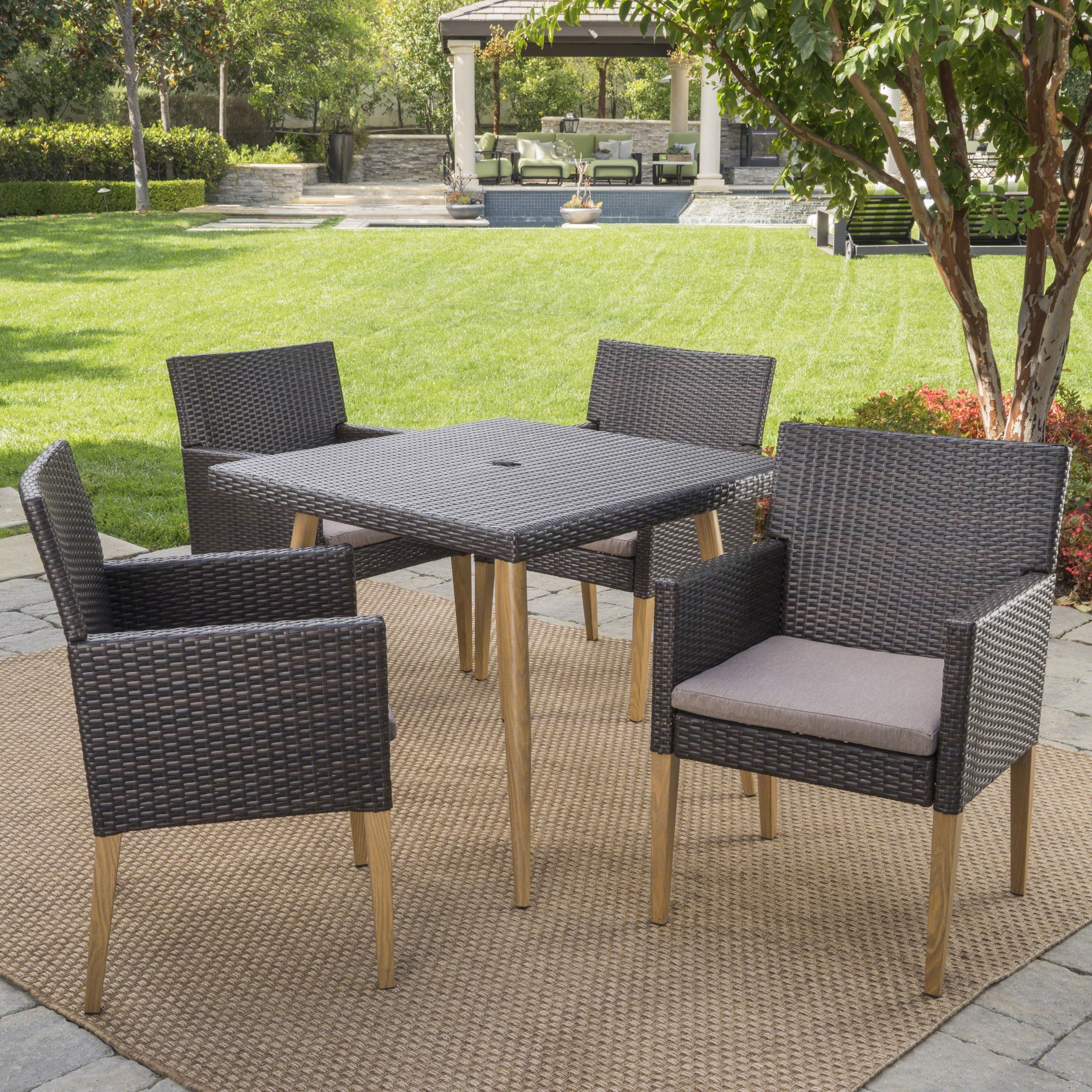 Darby Outdoor 5 Piece Wicker Square Dining Set With Cushions And Light Brown Wood Finished Metal Legs Multibrown Mocha Walmart Com