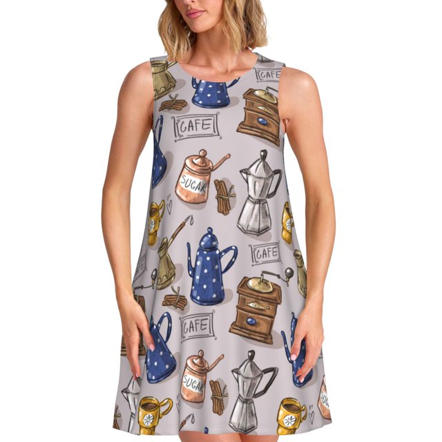 Disketp Antique Vintage Teapot Coffee Grinder para Vestido sin Mangas para Mujeres, Vestidos de Verano para Mujeres, Casual y Holgado para la Playa