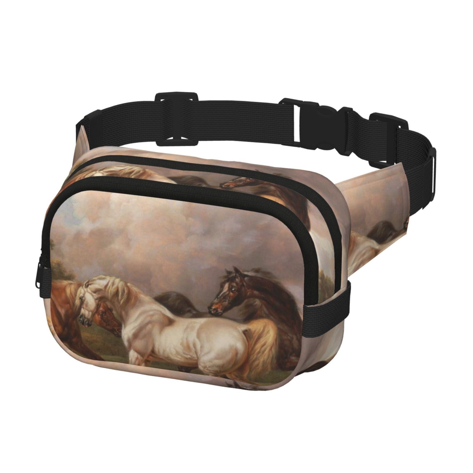 Picia Three Horses Oil Painting Print Square Double-Layer Waist Bag Mini Adjustable Waist Belt Bag Exercise Running Travel Hiking