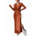 thumbnail image 3 of Women'S Casual Long Sleeve Collar V Neck Maxi Sweater Dress Slit Thigh Ribbed Knit Bodycon Pencil Dresses Red-Brown XL, 3 of 9