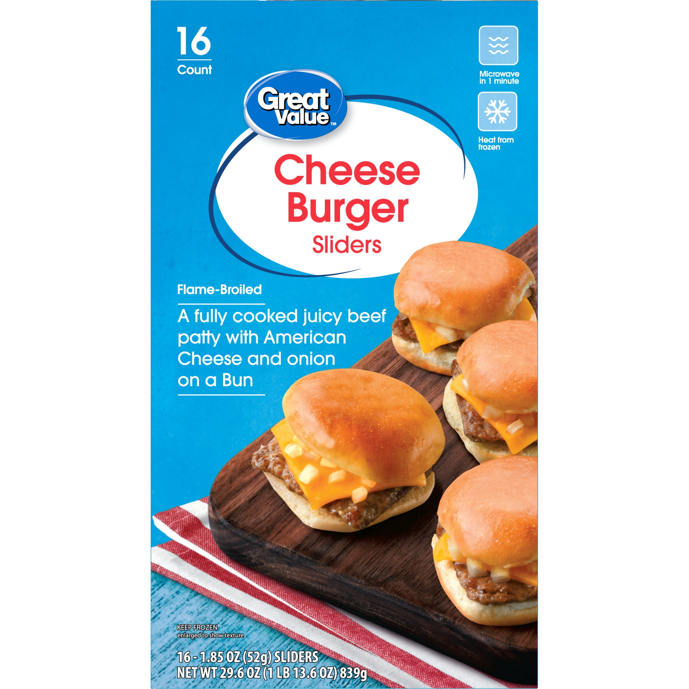 Great Value Cheese Burger Sliders, 16 Count (Frozen)