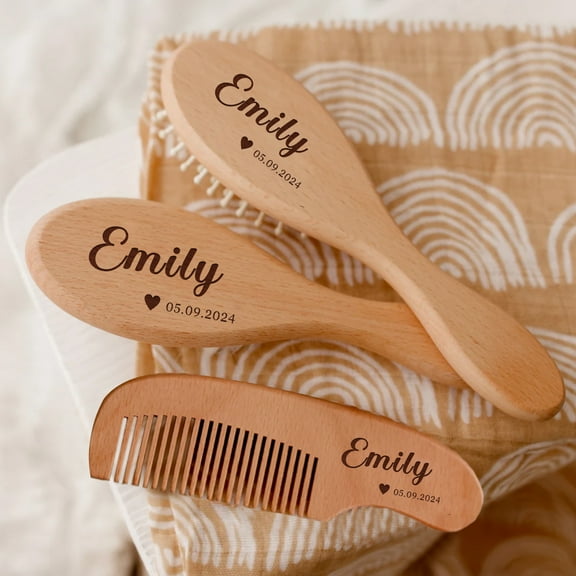 Personalized Natural Wooden Baby Hairbrush and Comb Set, 3Pcs Cradle Cap Brush for Newborns Girls Boys Toddler Baby Grooming Kit