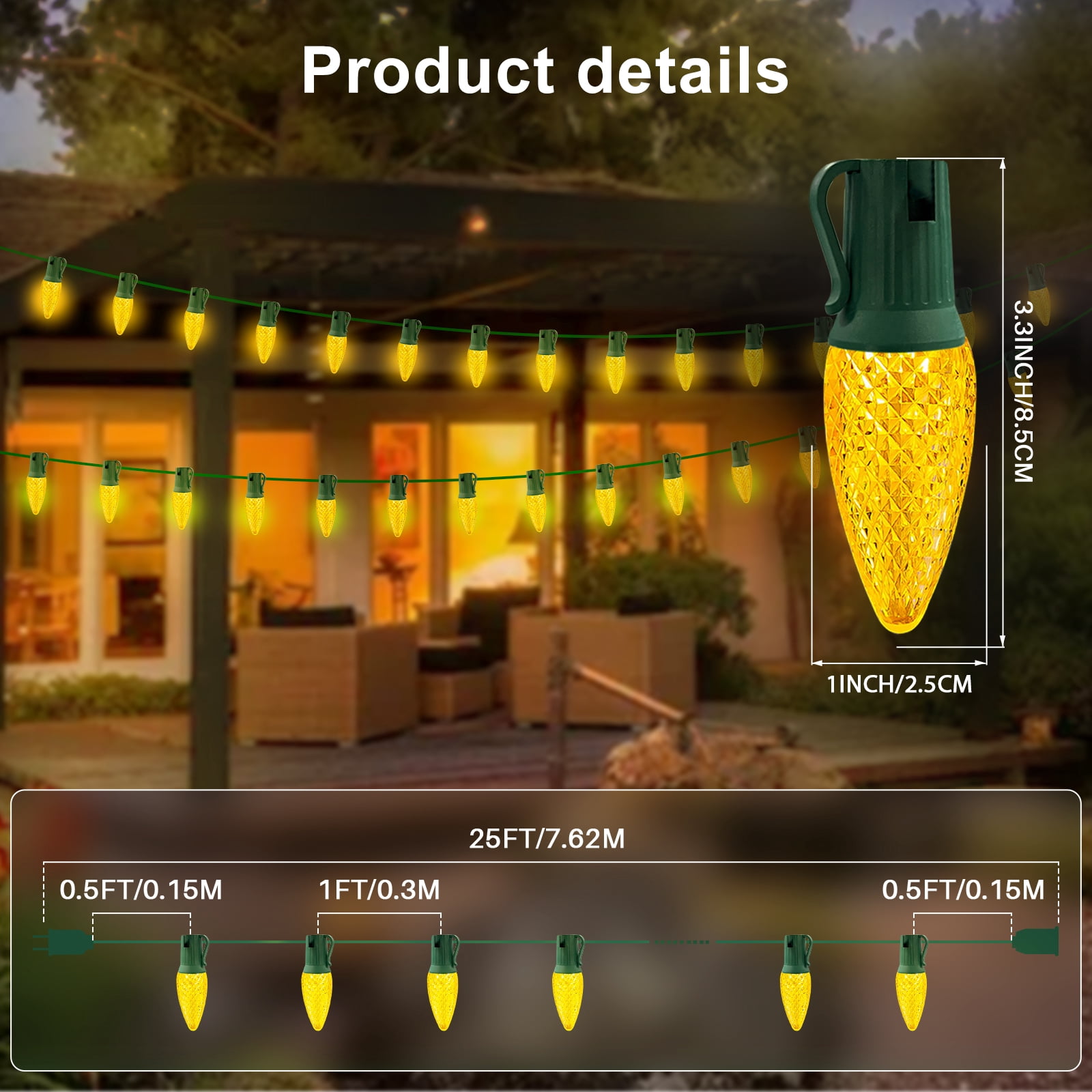 LAMPHOME Yellow C9 Christmas String Light Outdoor, 25FT Shatterproof LED for House Rooflines & Pathways, Connectable Waterproof Vintage Christmas Light for Tree, Yard, Patio, Porch, Garden