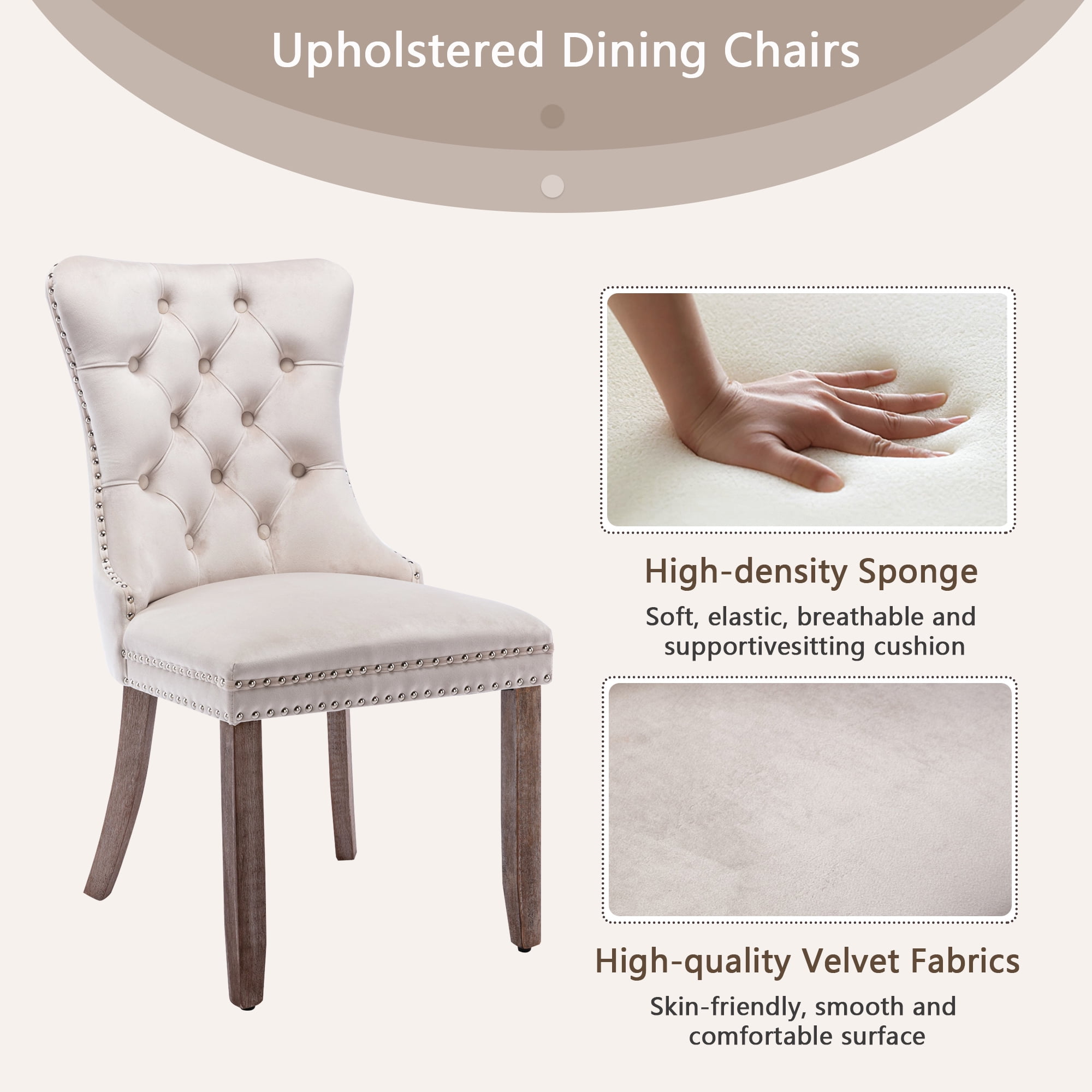 Resenkos Upholstered Tufted Dining Chairs Set of 2 with Nail Head Decor, Beige Velvet Fabric Resenkos Upholstered Tufted Dining Chairs Set of 2 with Nail Head Decor, Beige Velvet Fabric