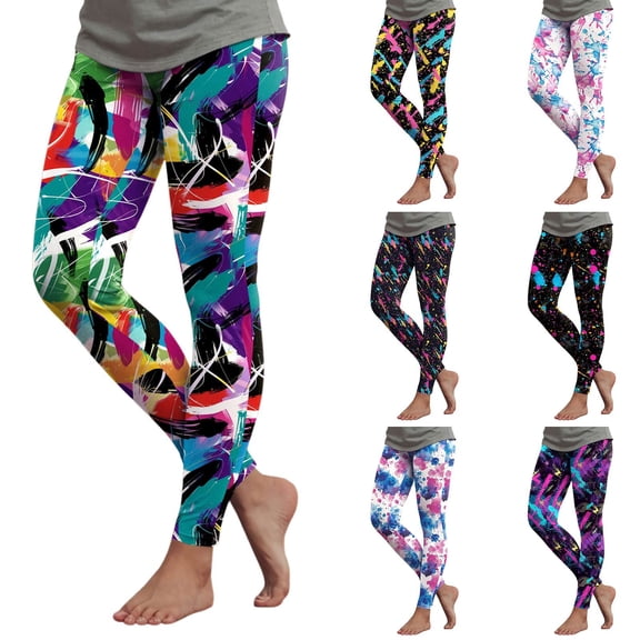 GEWSEY Women's 80s Leggings Neon Artistic Splash Printed Buttery Soft Stretchy Pants (Navy, XXL)