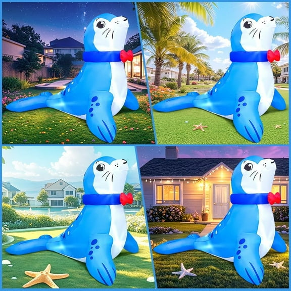 FGERFE-7 FT Seal Inflatable Decoration, Spring Inflatable Blow Up Animal Decorations Built LED Lights for Outdoor Yard Farm Lawn Holiday Garden Birthday Party